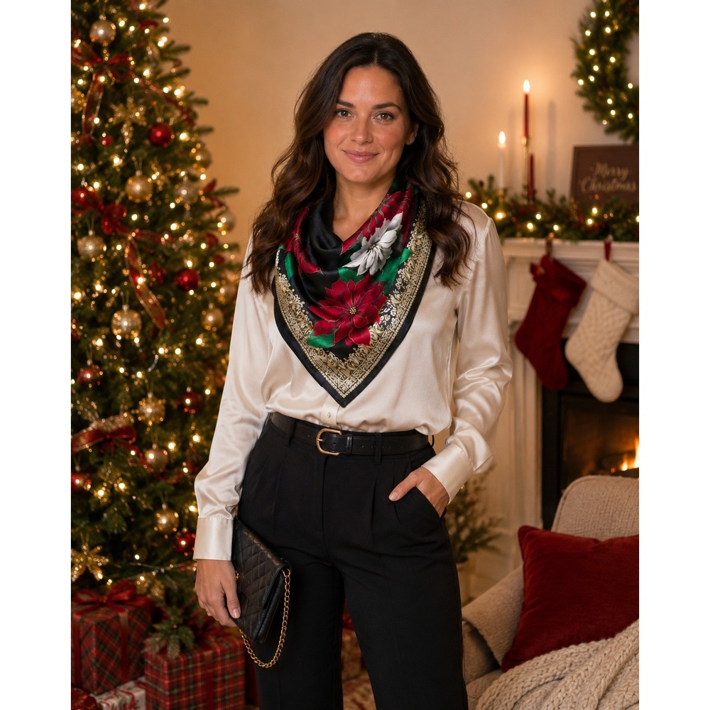 Satim Poinsetta Square Scarf Women 34 in Black Red Floral Holiday Christmas